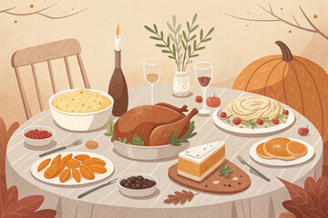 Festive Thanksgiving Dinner Table Setting, breakfast with bread and fruits