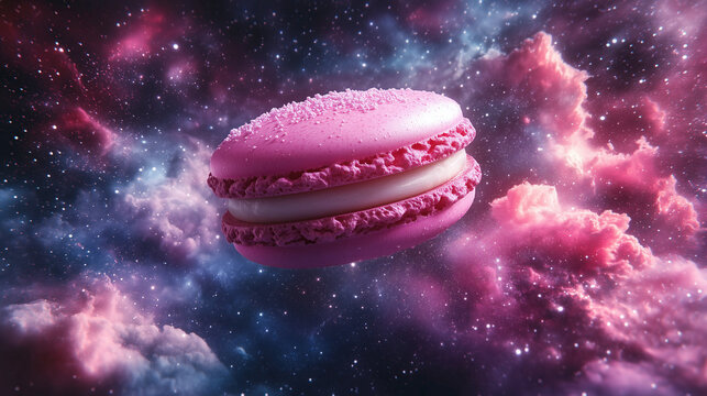 Close up of macaron flying in cosmos like one planet. 