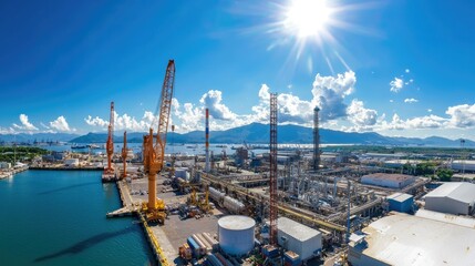 Fototapeta premium Expansive panoramic view of a busy shipping terminal under bright sunlight