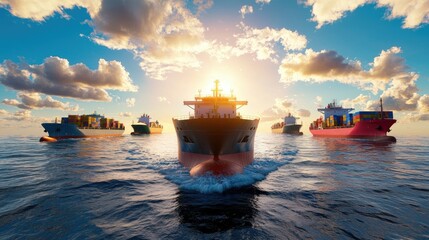 Fototapeta premium Dramatic wideangle view of a thriving sea transportation route with multiple cargo ships under a vibrant sky