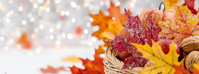 A basket filled with fall decor, including pumpkins, apples, and autumn leaves, set against a sparkling white background.