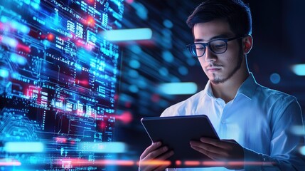 Young professional engaged in digital innovation in a bright workspace with technology