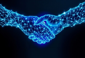 Two glowing blue hands shaking, connected by a web of light. Suitable for teamwork, partnership, technology, and communication concepts.