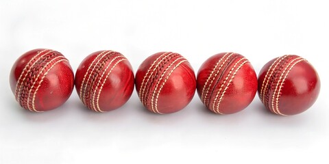 Six Brand-New Red Cricket Balls Arranged in a Straight Line Showcasing Stitching and Seam Detail on Plain White Background