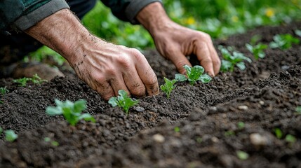 A Farmer's Hand Gently Nurturing Young Plants in Rich Soil