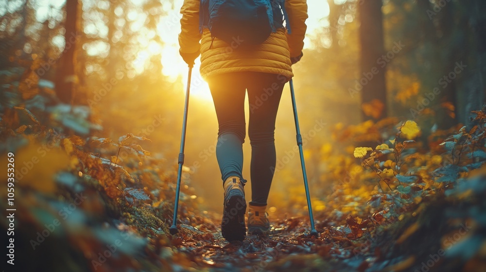 Poster A person in a yellow jacket hikes on a forest path surrounded by colorful autumn foliage. Sunlight streams through the trees, creating a warm atmosphere.
