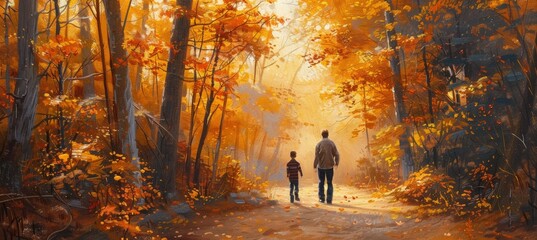 Fototapeta premium Thanksgiving Stroll in a Vibrant Canadian Forest: Autumn Family Walk with Golden Leaves