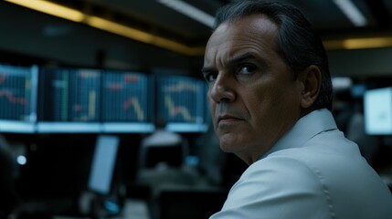 Worried investors gathered around multiple screens, analyzing financial data and market trends, reflecting the tension and uncertainty in the investment world.