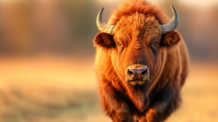 A large brown bison with curved horns stands in a field of golden grass, looking directly at the camera.