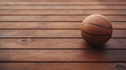 Obraz premium Detailed Close-Up of Basketball on Polished Wooden Court, Emphasizing Grain and Texture of Surface