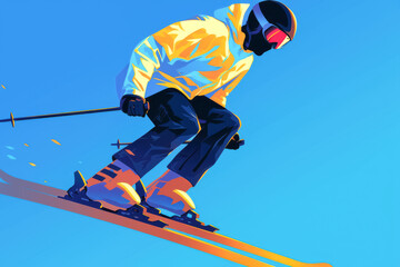 Skier in Mid-Descent on Snowy Slope. A vibrant illustration of a skier in yellow and orange, bending into the slope, showcasing control and intensity on a sunny winter day.
