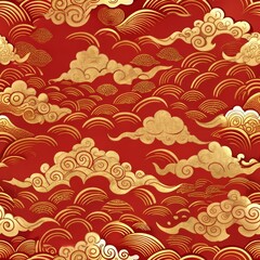 Golden clouds on red background in traditional chinese art style