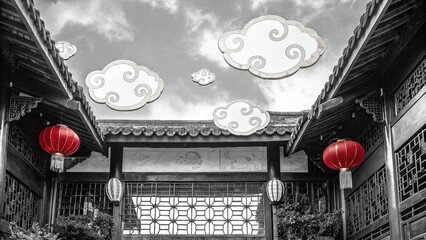 Happy Chinese New Year 2022 Greeting Card with Gold Lanterns and Flowers on Blue Background for Festive Invites,