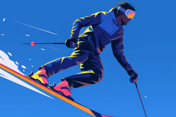 Stylish Skier in Motion on Snowy Slope. A digital illustration of a skier with dark skin, dreadlocks, and vibrant pink ski boots, racing down a slope, showcasing individuality and skill.
