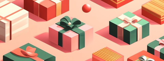 A flat vector illustration of a Christmas present, with simple shapes and lines, on a white background, using a palette of pink, green, red, and orange
