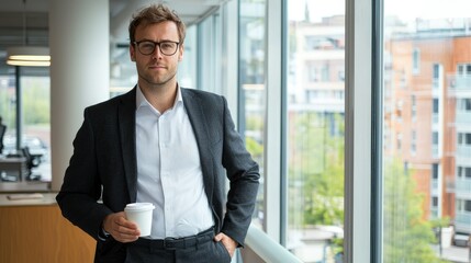 Fototapeta premium Confident businessman enjoying coffee in a modern corporate setting