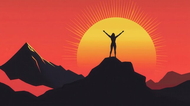 Woman on mountain summit at sunset, arms raised in victory, breathtaking view, power women, conquering heights