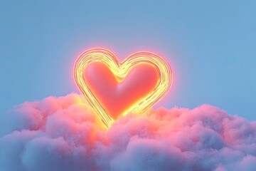 Neon heart on a cloud against a blue sky background. Romantic holiday background. 3d illustration with generative ai