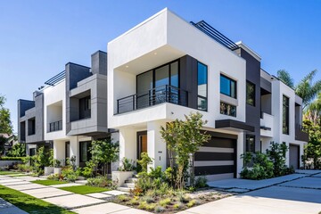 Contemporary townhouse design with large windows and lush landscaping in a modern residential area under a clear blue sky