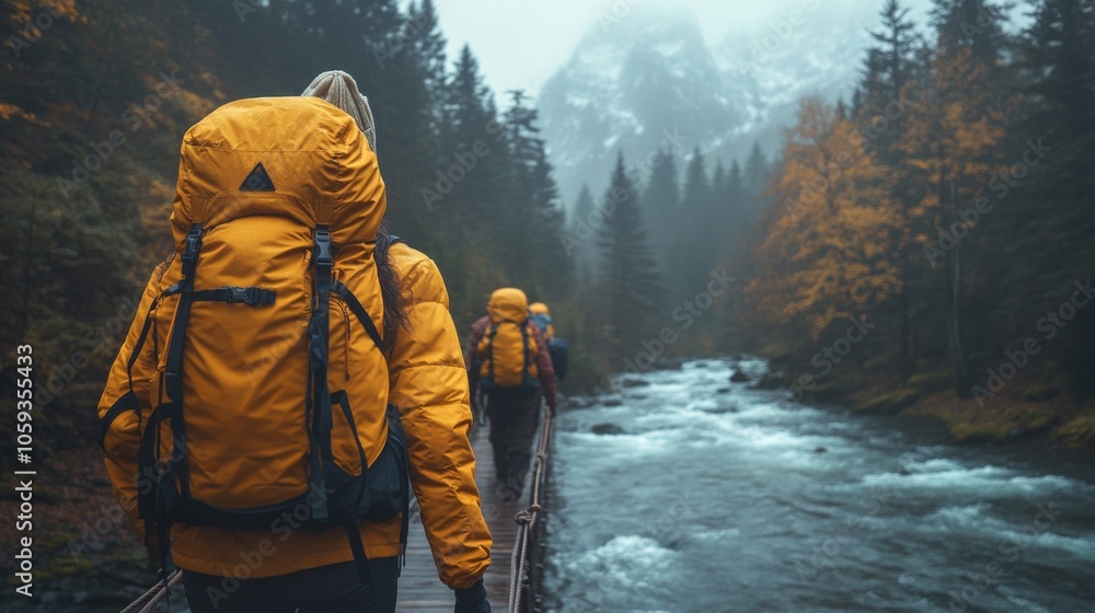 Poster a group of hikers in yellow jackets traverses a bridge above a flowing river, set against a backdrop