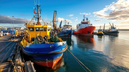 Fototapeta premium Stunning view of sea transport vessels at port during sunset with calm waters