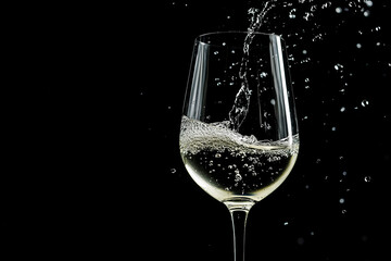 Close-up of sparkling white wine being poured into a glass against a black background, capturing bubbles and splashes in high detail.