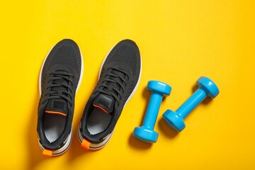 Sport equipment on color background, top view