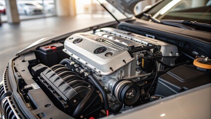 Fototapeta premium Highly Detailed Modern Car Engine Photography in Silver and Black Colors with Rule of Thirds Composition