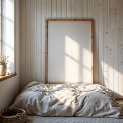 Mock up poster frame on Whitewashed Walls in Rustic interior background, bedroom, minimalistic style, template