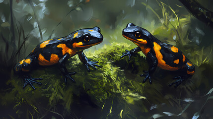 Obraz premium Two fire salamanders on mossy ground. Fire Salamander. Illustration