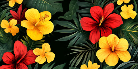 Tropical Hibiscus Flowers Against Dark Leaves