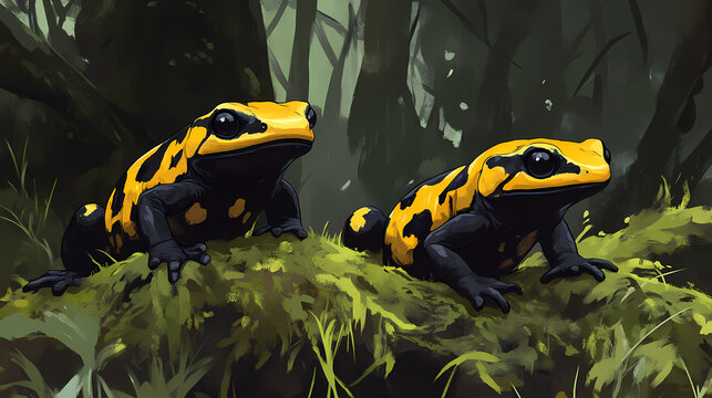Two fire salamanders on mossy ground. Fire Salamander. Illustration