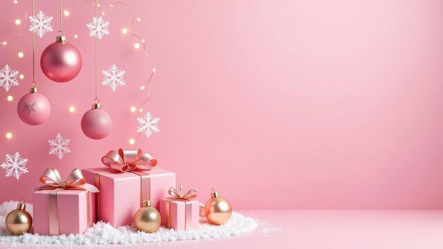 pink Christmas-themed mockup scene with elegant holiday decorations on soft pink background, copy space, Christmas balls gift boxes snowflakes fairy lights. festive website banner, luxury products.