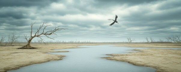 Naklejka premium Climate Change Impact Dry Landscape Dead Tree Bird