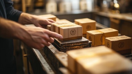 A worker's hands package small boxes on a production line.