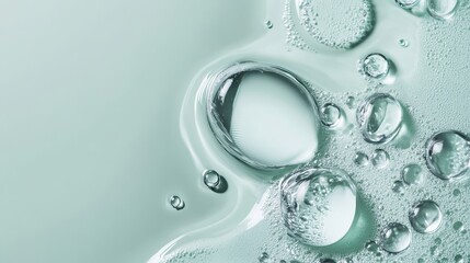 High quality image showcasing clear serum drop on a light green background.