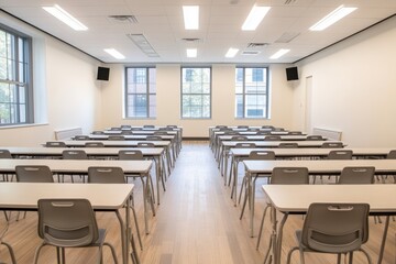 Fototapeta premium Modern Classroom Empty Desks Education Learning Space School University Lecture Hall Academic Study