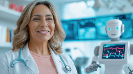 Friendly doctor smiling with advanced robot in modern medical technology environment
