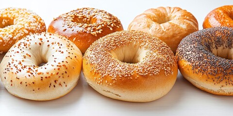 A Variety of Fresh Bagels Isolated on White Background