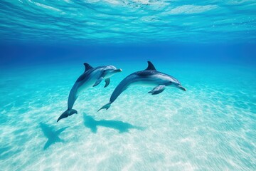 Obraz premium Two Dolphins Leaping Ocean Underwater Marine Life Wildlife Nature Summer Tropical Aquatic Animals