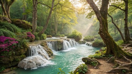 Fototapeta premium Idyllic Forest Setting with Crystal Clear Waterfall - High Dynamic Range Photography