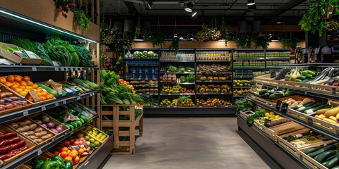 A supermarket with lots of fresh and healthy fruits and vegetables on shelves © Wolfilser