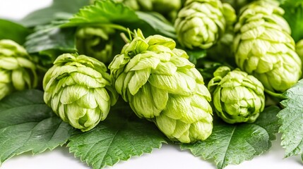Obraz premium Fresh green hops cones with leaves on a white background. Generative ai