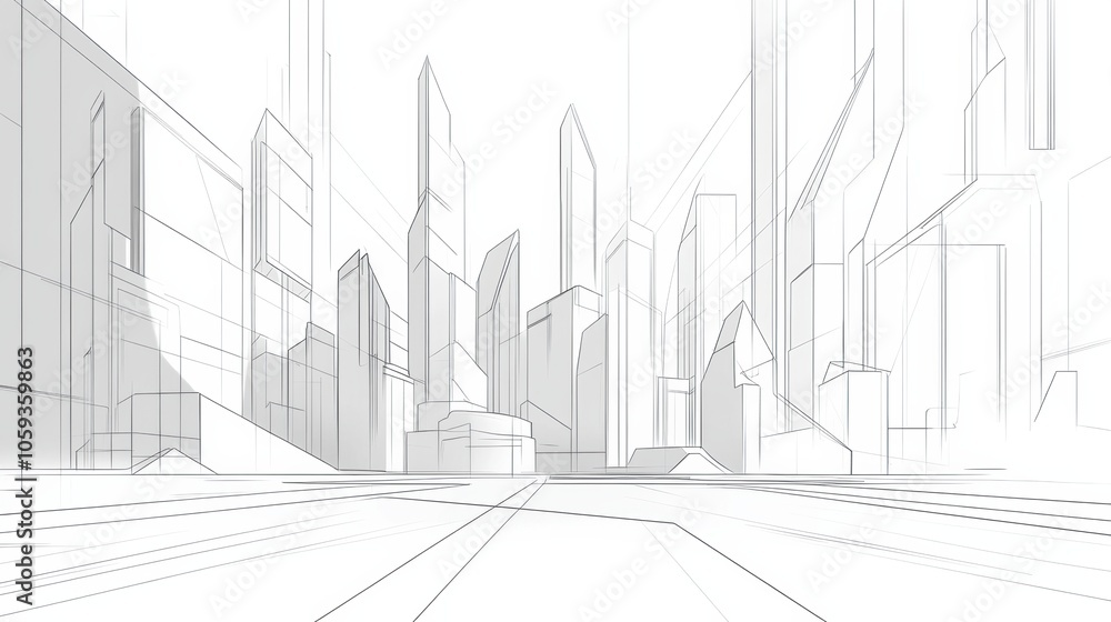 Poster A futuristic city skyline showcases minimalist architecture with crisp geometric shapes and lines, surrounded by a tranquil atmosphere. Generative AI