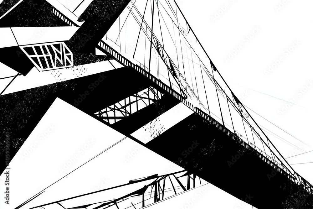 Poster an abstract depiction of a bridge illustrates dynamic shapes and bold contrasts, capturing the essen
