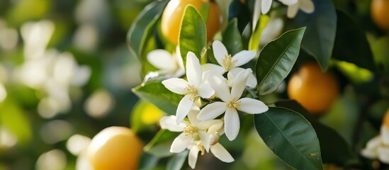 Israel's citrus trees showcase beautiful white flowers and vibrant green leaves. 