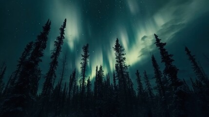 A breathtaking view of the Northern Lights dancing above a dense forest, casting an ethereal glow on the tall, dark pines. The stars twinkle faintly in the night sky.