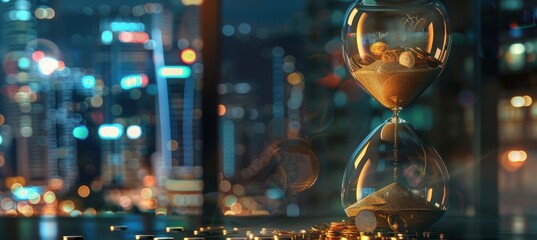 Time is Money: Hourglass with Sands Transforming into Coins Against Cityscape Background