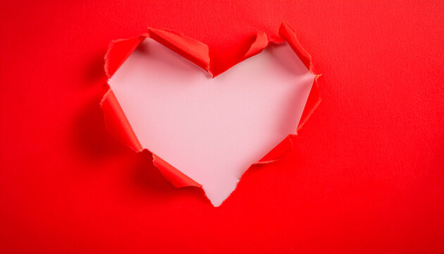 Ripped paper hole heart shaped on red paper background. Valentine`s day celebration concept. - Powered by Adobe