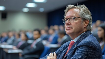 Fototapeta premium A man in a blue suit and glasses sits in a conference room, looking toward the left.